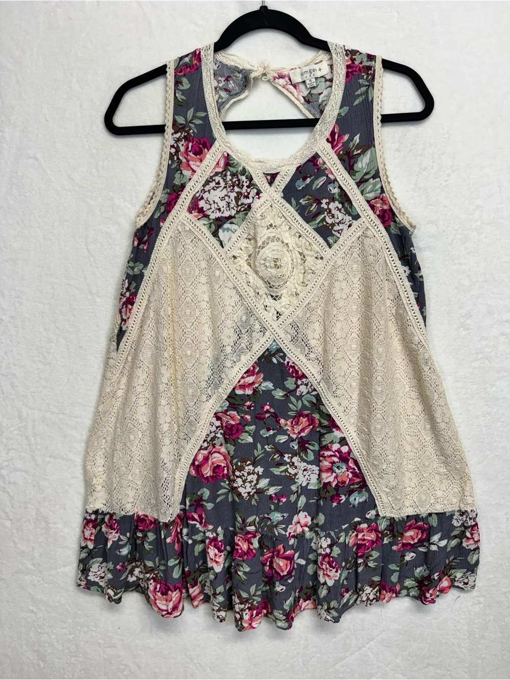 Umgee XL Floral & Lace Sleeveless High Neck Tunic Top Dress Cream Green Pink